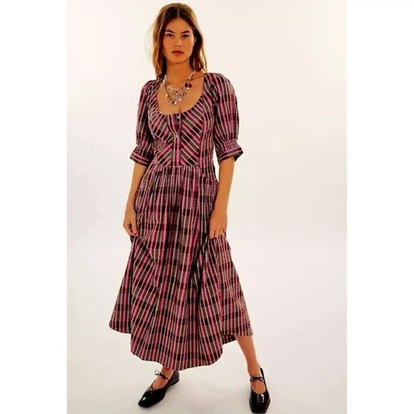 Free People Dresses & Skirts - Free People Size Medium Tulie Plaid Midi Dress Boho Pink and brown plaid